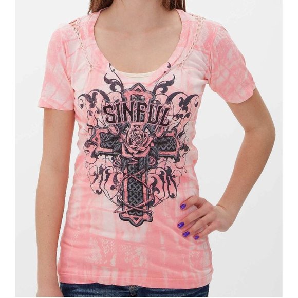 Sinful Tops - Buckle Sinful Virgie Rose T-Shirt by Affliction M